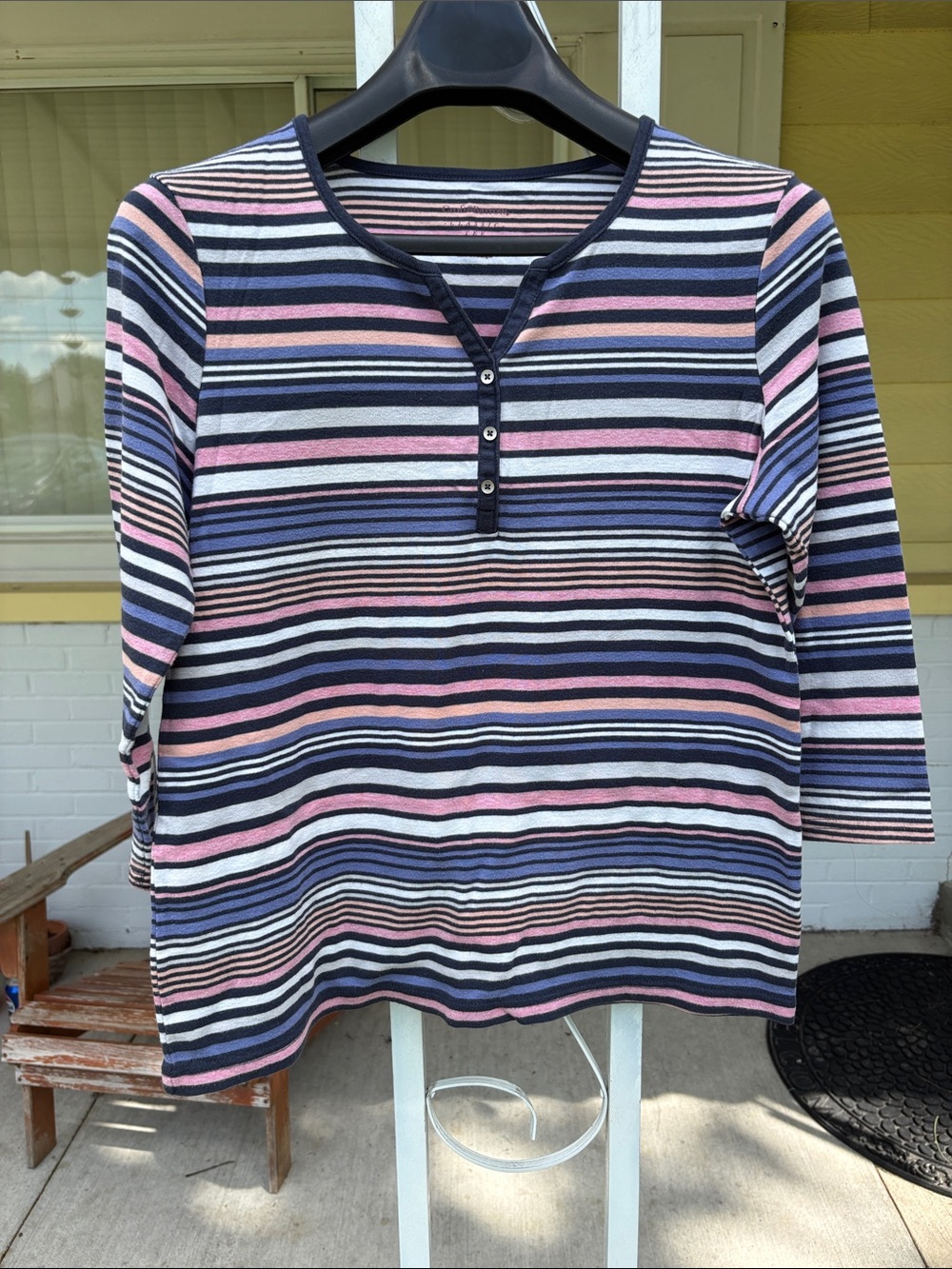 croft & barrow Striped Long Sleeve Henley in Navy, Pink, White & Light Blue